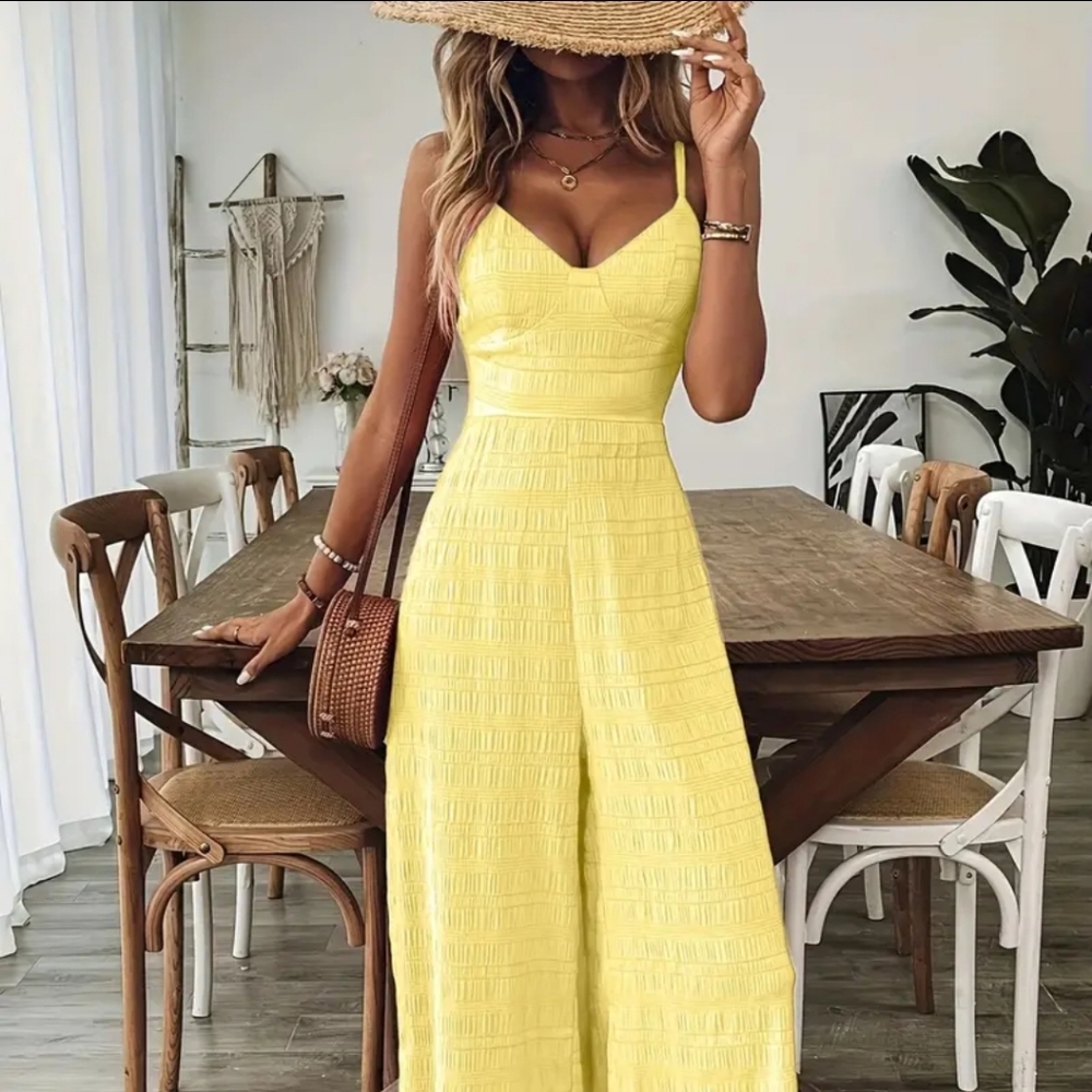 ON SALE TODAY!!! MED. Bright Yellow Sleeveless Jumpsuit, Large Wide Bottom